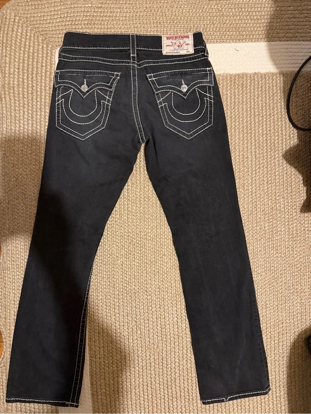 MensTrue Religion Black Straight Flap Natural Big T White Contrast Stitching
